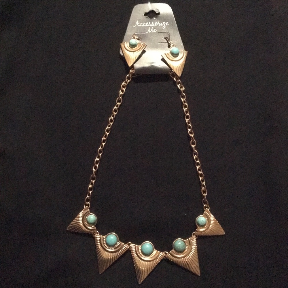 Turquoise and Gold Earrings and Necklace Set